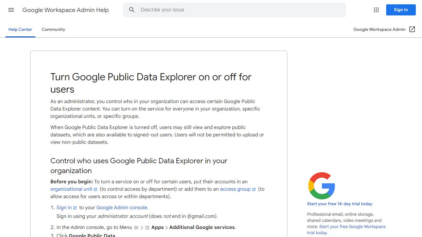 Turn Google Public Data Explorer on or off for users